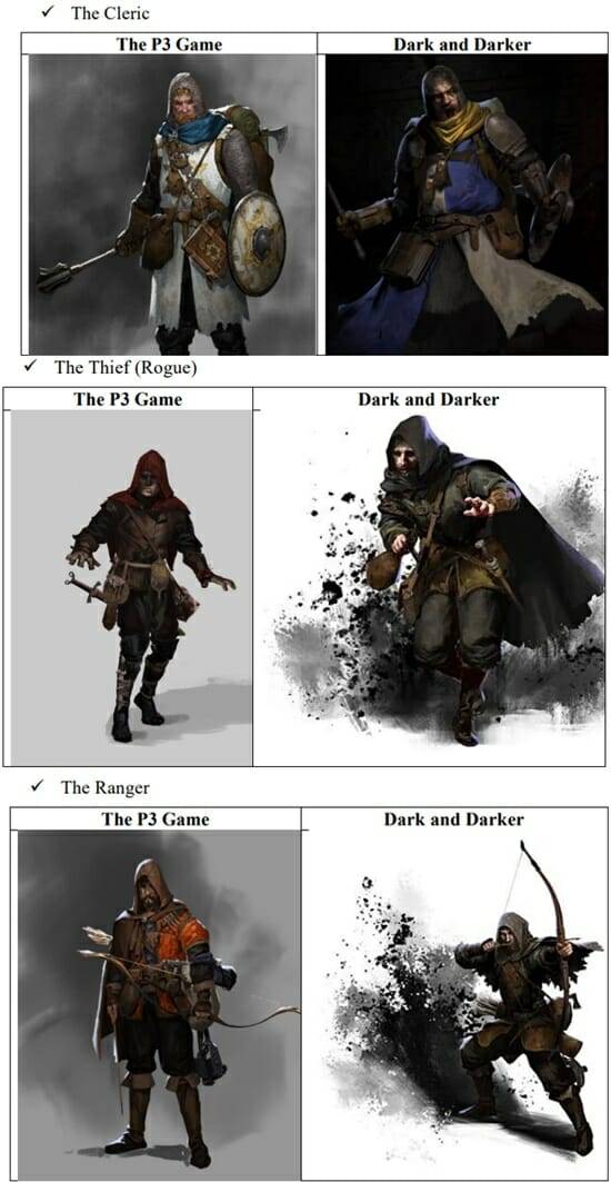 넥슨 측이 제시한 P3와 다크앤다커 캐릭터 유사성. 순서대로 클레릭, 로그, 레인저.