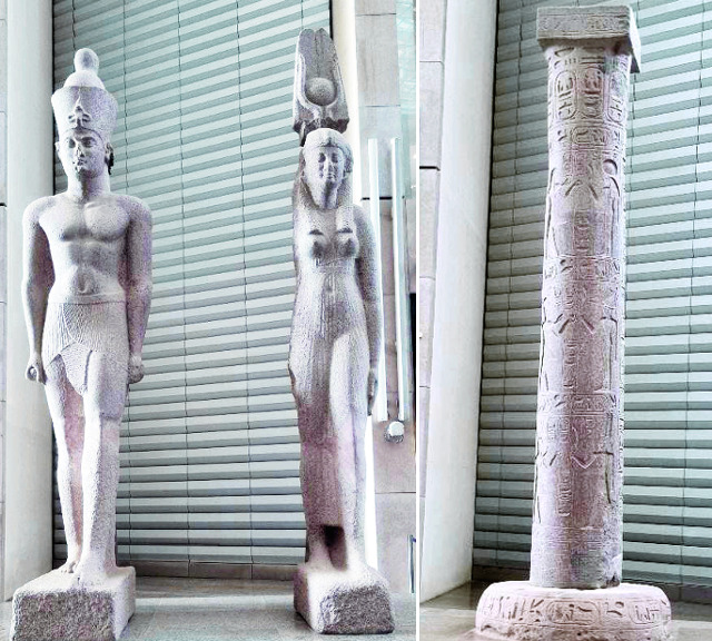 GEM 로비의 또 다른 석조 유물인 클레오파트라 시절의 남녀 석상(왼쪽)과 승리의 기둥(오른쪽).