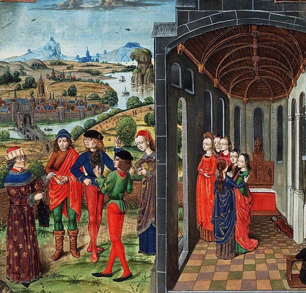 데카메론 화자인 남녀 10명이 피렌체 근교  별장으로 떠나기 전 노벨라 성당에 모였다. ‘7명 숙녀와 3명 신사, 피난 모의’ 브뤼헤 마스터 작(1482년).