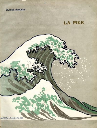 드뷔시의 '바다' 악보 초판본. 음악 자체가 호쿠사이의 그림에서 영감을 받아 작곡한 곡이다. 이처럼 호쿠사이는 다양한 분야 예술가들에게 적잖은 영향을 미쳤다.