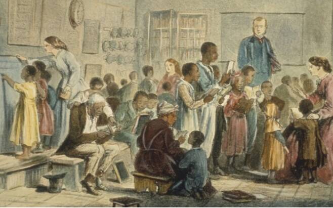 자유민 신분의 흑인들이 읽기를 배우는 모습을 묘사한 당시 그림(1860).