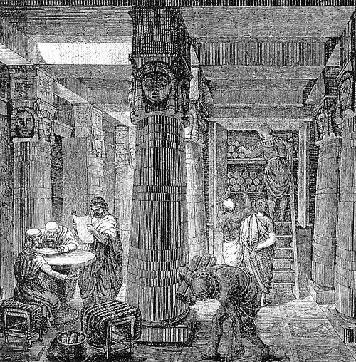 고고학적 증거를 바탕으로 재현한 알렉산드리아 도서관 그림(19세기 중반). 출처 위키피디아.