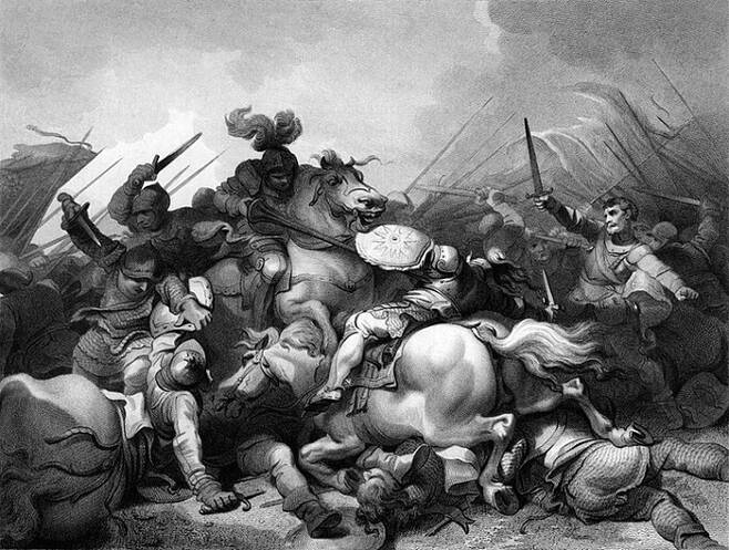 “이제 영국은 튜더 가문의 것이다.”헨리7세가 리처드3세를 꺾고 승리를 차지한 보스워스 전투를 재현한 판화. 작품은 1804년에 그려졌다.