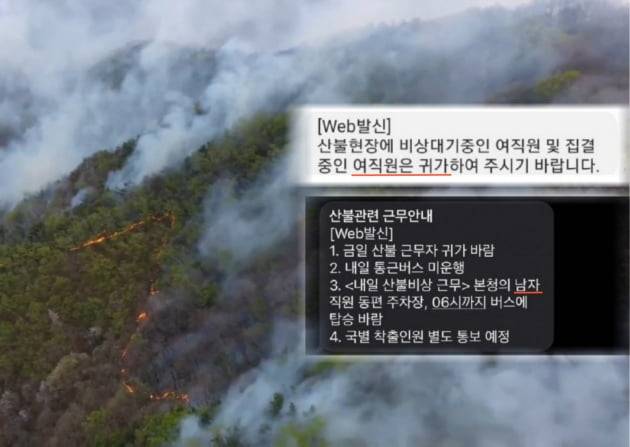 지난 2일 대전시에서 발생한 산불로 진화 작업이 좀처럼 마무리될 기미가 보이지 않자, 대전시에서 공무원들에게 발송한 문자. /사진=연합뉴스, 직장인 익명 커뮤니티 '블라인드' 캡처