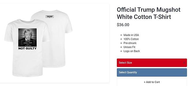 도널드 트럼프 전 대통령 대선 본부가 판매하는 머그샷 공식 티셔츠 [인터넷 캡처.재판매 및 DB금지]
