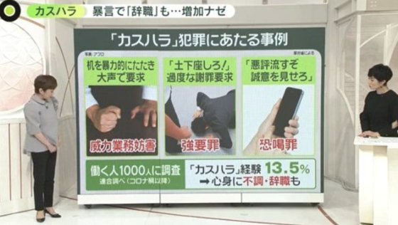 일본 후생 노동성에 따르면 '카스하라'가 심해지면 위력업무방해죄, 강요죄, 공갈죄(화면 왼쪽 끝부터) 등 범죄에 해당하는 사례도 있다. 닛테레 홈페이지 캡처