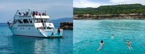 블루 라군으로 향하는 크루즈(사진 왼쪽)와 블루 라군에서 수영을 즐기는 관광객의 모습.