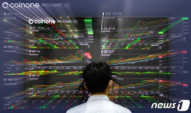 (서울=뉴스1) 이재명 기자 = 2일 오전 서울 용산구 코인원 고객센터 전광판에 가상화폐 시세가 표시되고 있다. 이날 가상화폐 시세는 대체불가능토큰(NFT) 시장이 활황을 보이며 이더리움이 급등하는 등 상승세를 보였다. 최근 이더리움이 급등하고 있는 것은 NFT 시장이 다시 활성화하고 있기 때문으로 분석된다. NFT는 이더리움 네트워크를 통해 거래가 이뤄진다. 이에 따라 이더리움 네트워크는 거래수수료를 챙길 수 있다. 2021.9.2/뉴스1