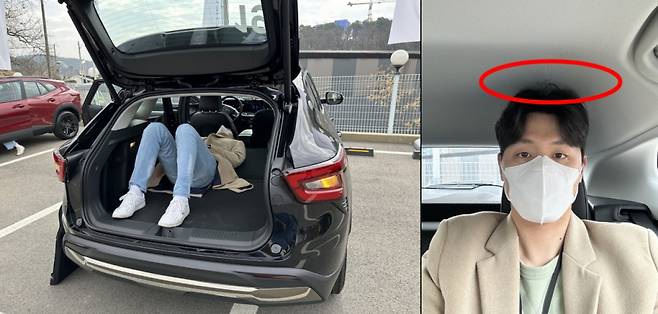쉐보레 트랙스 크로스오버 액티브에 키 187cm인 기자가 누운사진(왼쪽). 2열에 앉은 기자. 표시된 부분이 남은 머리 공간이다(오른쪽)/사진=이강준 기자