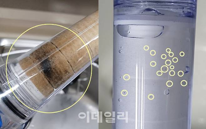 22일 오전 시흥 은계 센트럴타운 A씨의 집 싱크대 수전헤드 필터에 검은색 이물질이 잔뜩 붙어있는 모습(왼쪽). 오른쪽은 이날 오전 10시께 같은 아파트 B씨 집에서 1분가량 샤워기로 뜨거운 물을 틀었을 때 까만 알갱이가 필터에 부착된 모습. (사진 = 이종일 기자)
