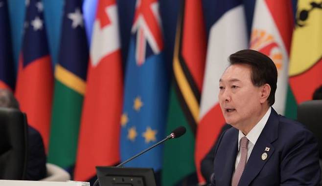 윤석열 대통령이 29일 한국에서 열린 한-태평양도서국 정상회의에 참석했다. 대통령실 제공