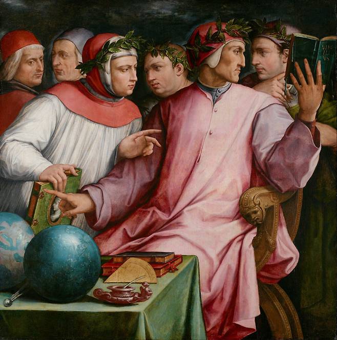 조르조 바사리의 ‘6명의 토스카나 시인들’(1544). 페트라르카(왼쪽에서 세번째)가 책을 읽는 단테(오른쪽에서 두번째) 옆에 서 있다. 위키피디아