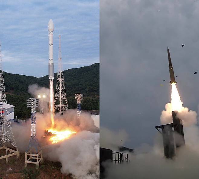 1일 북한 조선중앙통신이 공개한 전날 평안북도 동창리 서해위성발사장에서의 우주발사체 발사 모습.(왼쪽 사진) 군사정찰위성 ‘만리경-1호’를 실은 로켓 ‘천리마-1형’은 비정상적 비행 끝에 추락, 북한의 위성 발사 시도는 실패로 끝났다. 오른쪽은 지난달 30일 우리 군의 장거리지대공유도무기(L-SAM)가 충남 태안에서 시험발사되는 모습. 국방과학연구소(ADD)는 이날 L-SAM이 북한 탄도미사일을 가정한 표적탄을 공중에서 성공적으로 요격했다고 밝혔다. 조선중앙통신연합뉴스·국방부 제공