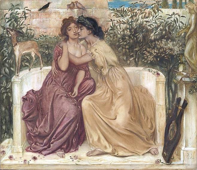 피에르는 여성 동성애를 묘사한 작품으로 명성을 얻었다. 사진은 영국 화가 시메온 솔로몬 의 ‘미틸레네 정원에 있는 사포와 에린나. 고대 그리스의 동성애를 다룬  작품이다. 1864년작.