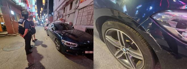 지난 1일 밤 9시30분 서울 강북구에서 벌어진 물피도주 사건 현장. 파손된 차량 조수석 앞쪽 범퍼(오른쪽). /사진=독자 제공