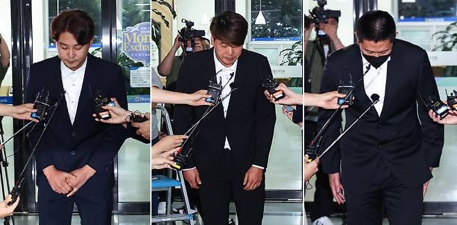 2023 월드베이스볼클래식(WBC) 기간에 음주해 논란을 빚은 프로야구 선수들이 7일 서울 강남구 도곡동 야구회관에서 열린 상벌위원회에 출석하기 전 고개 숙여 인사하고 있다. 왼쪽부터 정철원(두산베어스), 김광현(SSG랜더스), 이용찬(NC다이노스). 사진=연합뉴스