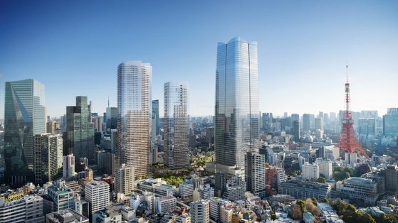 올해 가을 일본 도쿄에 새롭게 들어서는 '아자부다이 힐스'와 인근 지역 가상도. 오른쪽 우똑 솟은 건물이 330높이의 메인 타워로, 완공되면 일본에서 가장 높은 건물이 된다. 사진 모리빌딩