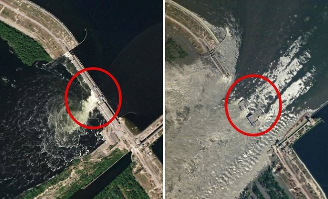 6일 우크라이나 카호우카 댐이 폭파돼 2만 명이 삶의 터전을 잃고 대피하고 있다. 사진=댐 폭파 전후를 담은 플래닛랩스의 위성사진