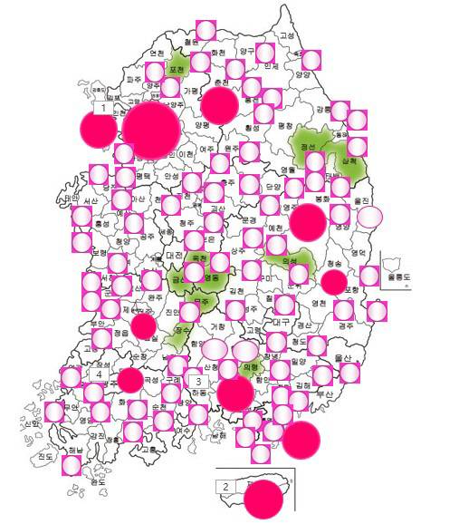 전국단위 지하조직인 창원간첩단 ‘자주통일 민중전위’가 2021∼2022년 대북보고문과 북한 지령문에 언급된 지역 하부망과 새끼회사 및 노동계 정당 등을 합친 ‘자통 간첩포치도’. 순수 지역 하부망과 새끼조직만 68곳, 전체를 합치면 100곳에 이른다.자유민주연구원 제공