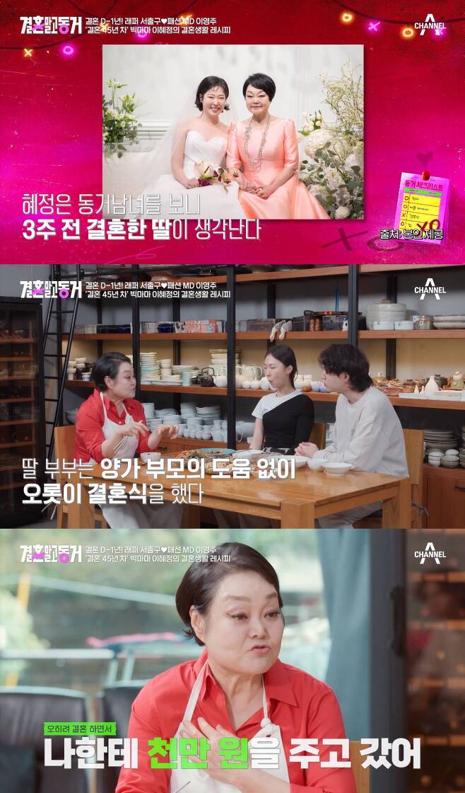 Lee Hye-jung said that her daughter gave 10 million won as a gift before marriage.Lee Hye-jung, a culinary researcher, made a surprise appearance on Channel As cohabitation not marriage (hereinafter referred to as final ending), which aired on the 7th.On this day, Lee Hye-jung became a daily teacher of Xitsuh and Lee Young-ju couples who wanted to learn cooking and kindly informed them about cooking.At first, they were two people, but they succeeded in making stir-fried squid to suit their taste of salty food.Throughout the cooking lesson, Lee Hye-jung took care of Lee Young-ju especially in a friendly manner. In that way, iKey said, Mr. Hye-jung seems to take care of Mr. Young-ju like his daughter-in-law.He said, Marriage is ahead.In addition to stir-fried squid, the three ate with finished foods such as japchae, a menu they had made in hopes that the two would live a long life.Lee Hye-jung said, My daughter married three weeks ago, Lee said. The marriage ceremony of my son nine years ago and the marriage ceremony of my daughter recently were very different.Lee Hye-jung said, When I married my son, I thought marriage is a family thing. So I thought it was stronger to show it.But my daughter did not do anything when she got married, she added.Lee Young-ju said, On the contrary, my daughter gave me 10 million won on the way. I had money in the envelope with a thank you for raising me, and I was really tearful. Lee Young-ju showed a tearful appearance as the position of the same daughter.On the same day, Lee Hye-jung told Lee Young-ju, Never go to your home and do not look at your husband.When Lee Hye-jung said, My daughter has not done it yet, but if time goes by, I will kick her out, Lee Young-ju was surprised with Daughter?Lee Hye-jung said, I do not think its because Im angry, but I think my heart will hurt too much. I want my daughter to be loved and live well.As soon as the panels were about to get tired of Lee Hye-jungs reasoning, Lee Hye-jung laughed pleasantly, saying, If you keep looking at the chest, it becomes a habit like me.Xitsuh said, Look at my friends, he nodded, saying, Im learning a life recipe.Photos = Channel A Finals