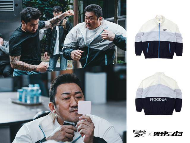 영화 '범죄도시3'에서 배우 마동석이 입은 바람막이(왼쪽)와 리복이 출시한 바람막이. LF 제공