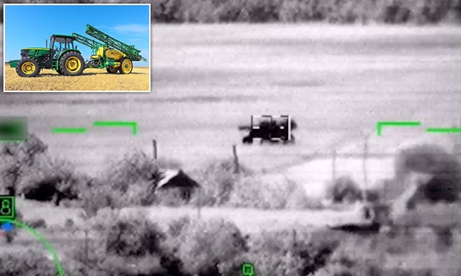 러시아 국방부가 레오파르트2 파괴 장면이라며 공개한 영상 일부와 트랙터 비교 이미지