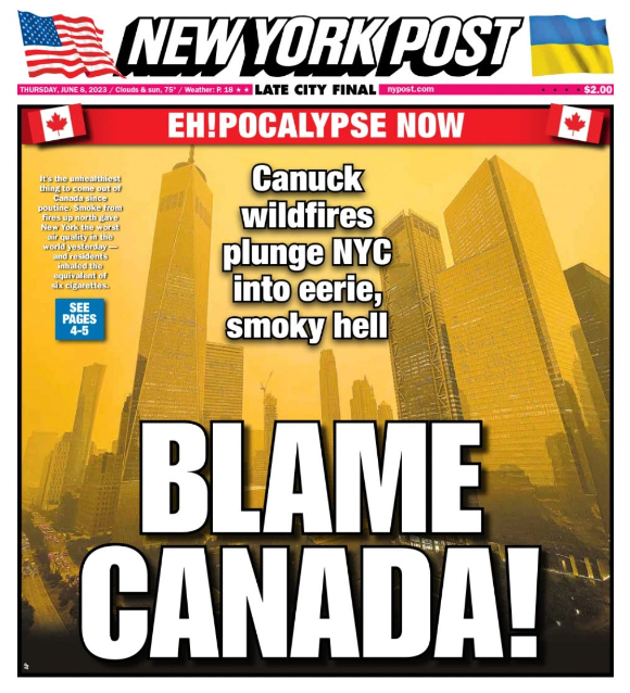 6월 8일자 뉴욕포스트 헤드라인. 캐나다에서 발생한 산불이 뉴욕을 최악의 공기질 상태로 빠트렸다고 지적하고 있다. [사진=Heated]