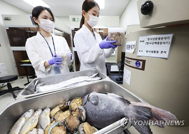 수산물 안전하게 먹을 수 있게 (수원=연합뉴스) 홍기원 기자 = 후쿠시마 원전 오염수 방류를 앞두고 15일 오후 경기도 수원시 권선구 경기도보건환경연구원에서 농수산물검사부 농수산물안전성검사팀 연구원들이 수산물 방사능 안전성 검사를 하고 있다. 2023.6.15 xanadu@yna.co.kr