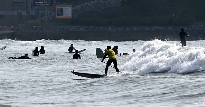 6일 오후 부산 해운대구 송정해수욕장에서 서퍼들이 파도를 가르며 서핑을 즐기고 있다. 전국적으로 내린 비가 그치고 강풍으로 인해 파도가 일어 서퍼들이 파도를 타기 위해 해수욕장에 모였다. 부산=임세준 기자
