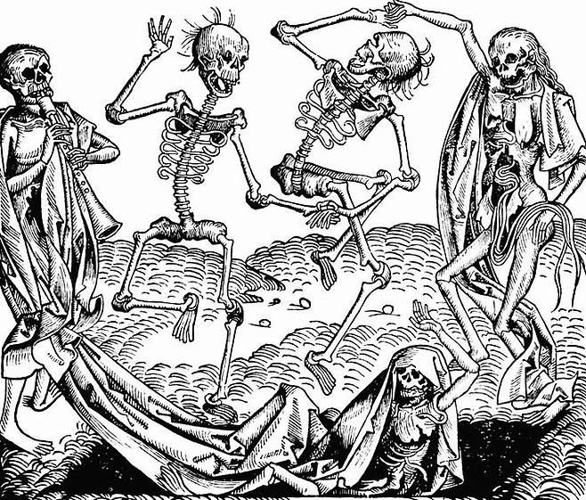 독일 뉘른베르크의 연대기에 수록된 삽화 ‘죽음의 춤’(1493년). 흑사병으로 죽음을 묘사한 작품도 많아졌다.