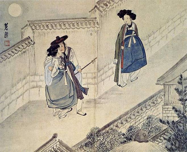 신윤복 월야밀회(1805년). 두 남녀가 키스를 하는 듯한 모습이 인상적이다. 간송미술관 소장품.