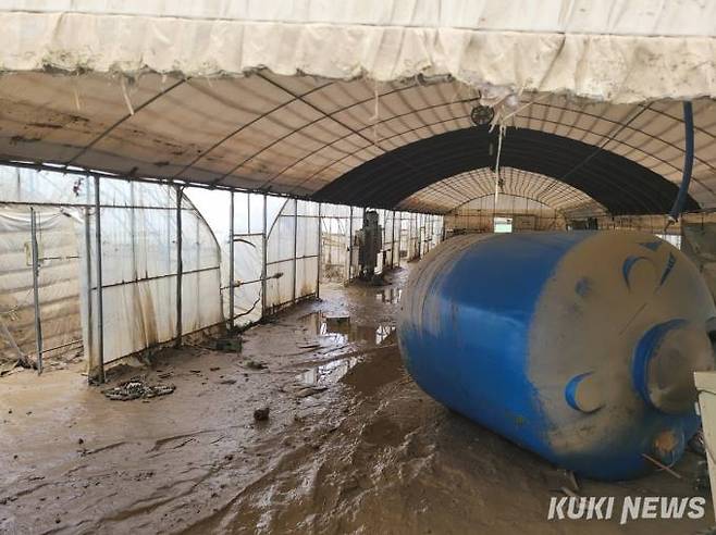 17일 충남 청양의 한 비닐하우스가 집중 호우로 피해를 입은 모습.   사진=안소현 기자
