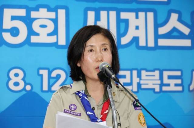 ▲3일 오후 전북 부안군 새만금 세계스카우트 잼버리 프레스센터에서 이기순 여성가족부 차관이 브리핑을 하고 있다. 사진=연합뉴스 ⓒ연합뉴스