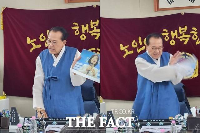 김호일 대한노인회장이 3일 김은경 더불어민주당 혁신위원장의 사진을 여러 차례 내리치며 호통을 치고 있는 모습. 김 회장은 국회의원 시절 폭행 이력이 있다. /송다영 기자