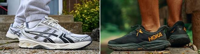 아식스가 캐나다 디자인 스튜디오인 자운드(JJJJOUND)와 협업해 선보인 젤 카야노14(사진 왼쪽)와 호카 러닝화 사진. (유튜브, 호카)