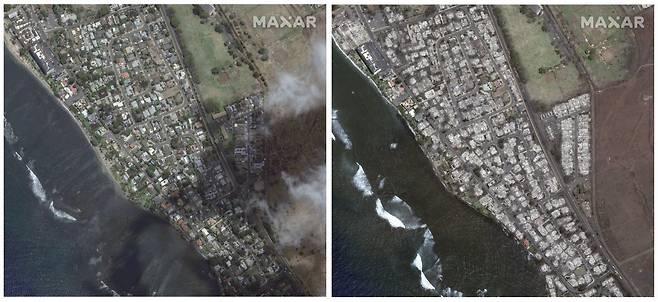 This combination of satellite images provided by Maxar Technologies shows an overview of southern Lahaina on Maui, Hawaii, on June 25, 2023, left, and an overview of the same area on Wednesday, Aug. 9, following a wildfire that tore through the heart of the Hawaiian island. (Maxar Technologies via AP)