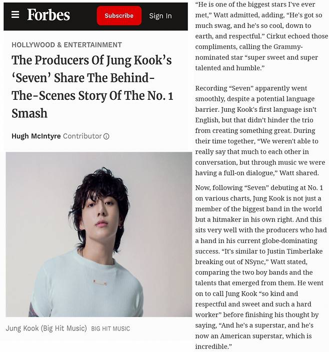 "방탄소년단 정국, 엔싱크 벗어난 저스틴 팀버레이크와 매우 흡사" 'Seven' 프로듀서들 극찬