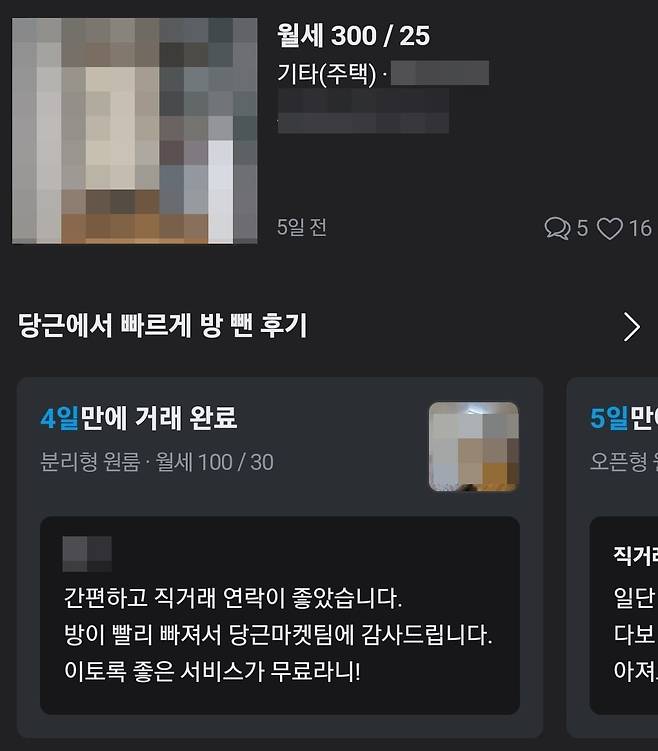 당근마켓 '부동산 직거래' 카테고리에 나와있는 매물과 거래 후기들. / 사진=당근마켓 캡처