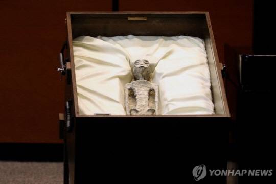 멕시코 의회 UFO 청문회서 한 남성이 '외계인 시신'이라고 주장하며 공개한 물체. 연합뉴스