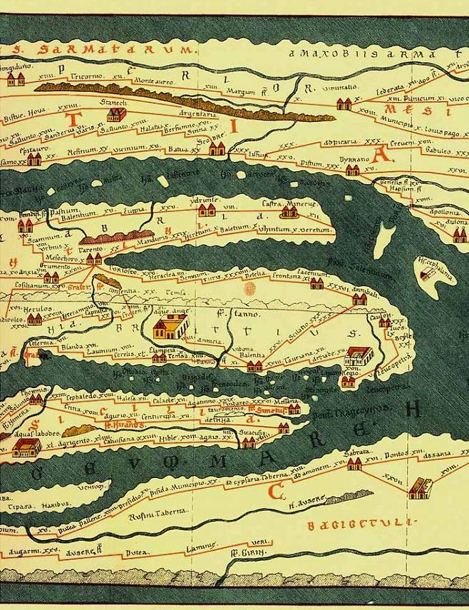 4~5세기 로마 가도들의 상황을 보여주는 포이팅거 지도(Tabula Peutingeriana)의 일부. 위키피디아
