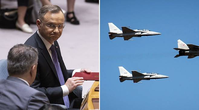 폴란드 ‘우크라 무기지원 중단’ 논란에 “새로 산 韓美 무기 이전 않겠다는 뜻” 진화 나서 / 사진=20일(현지시간) 미국 뉴욕 유엔본부에서 열린 제78차 유엔총회와는 별도로 열린 유엔 안전보장이사회 회의에서 안제이 두다 폴란드 대통령이 연설에 나서고 있는 모습.(왼쪽·EPA 연합뉴스), 지난 8월15일 폴란드 국군의 날을 맞아 FA-50GF 1·2호기가 미그29와 함께 현지 첫 비행에 성공했다. 2023.8.16.(KAI 연합뉴스)