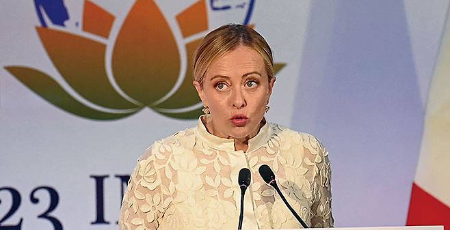 조르자 멜로니 이탈리아 총리가 9월 10일 G20 정상회의에 참석한 후 기자회견을 하고 있다. 사진 AFP연합