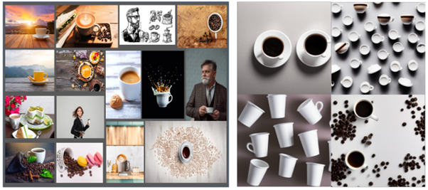 생성형 AI의 변형적 이용을 보여주는 사례들. 위 사진은 미국의 이미지 생성 AI인 스태이블 디퓨젼(Stable Diffusion)의 훈련 데이터(왼쪽)와 이에 기반해 “흰색 배경의 커피컵”이라는 명령어로 생성된 이미지(오른쪽 4개 그림). 육안으로 봐도 양자간 실질적 유사성을 찾기는 어려워 변형적 이용으로 해석될 여지가 높다. /에모리 대학 로스쿨 매튜 새그 교수의 최신 논문 “생성형 AI의 저작권 안전성” (Sag, M. (2023). Copyright safety for generative AI., Houston Law Review. 61(2))