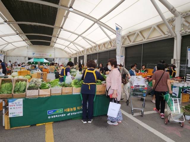 서울 강동구 서울농협본부 옆 주차장에서 열린 ‘우리 농축산물 직거래 뜨락장터’에서 소비자가 장을 보고 있다. 직거래장터는 연휴 직전 27일 저녁 6시까지 문을 연다.