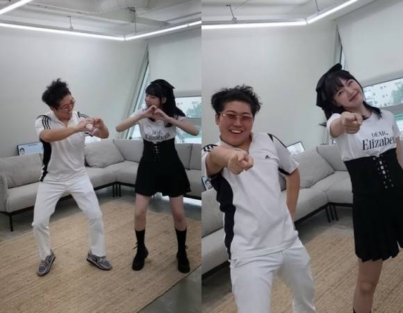 그룹 여자친구 출신 솔로가수 예린이 조주봉(코미디언 조훈의 부캐)과 함께 ‘홍박사님을 아세요?’ 챌린지를 하는 모습. 팬들의 삭제 요청에 지금은 삭제됐다. 유튜브 채널 ‘The면상’ 캡처