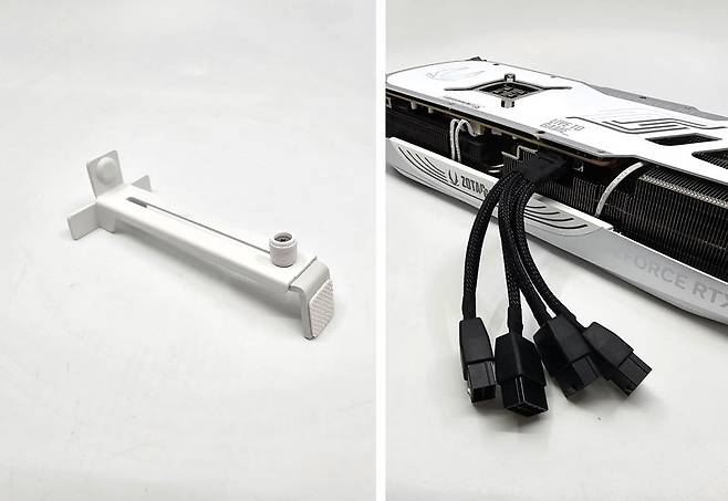 동봉된 그래픽카드 지지대(왼쪽)와 보조전원 변환 케이블(오른쪽) / 출처=IT동아