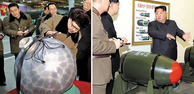 북한이 2016년 공개한 구형(球形) 핵탄두(왼쪽 사진)와 2023년 공개한 ‘화산-31형’전술핵탄두. 화산-31형은 직경 50cm 이하로 작아져 다양한 미사일에 탑재가 가능한 것으로 평가된다. /조선중앙통신 연합뉴스