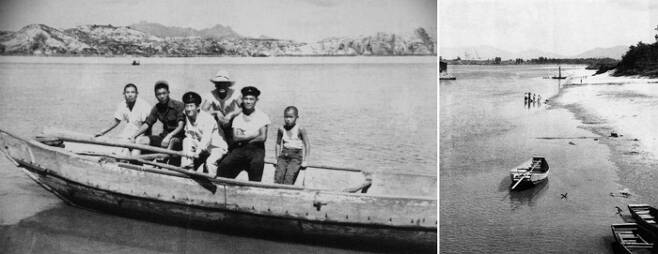 1960년 4월 압구정 일대 한강에서 나룻배를 이용해 강을 건너는 시민들(왼쪽)과 나루터의 모습. [압구정향우회·강남구청]