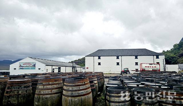 아일레이섬의 위스키는 바닷바람 맞은 오크통에 숙성돼 짠맛이 난다. 부나하벤 증류소 앞에 놓인 오크통들.