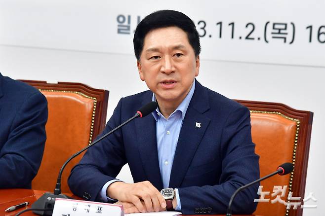 국민의힘 김기현 대표가 2일 서울 여의도 국회에서 열린 시·도별 원외당협위원장 대표자 간담회에서 발언을 하고 있다. 윤창원 기자